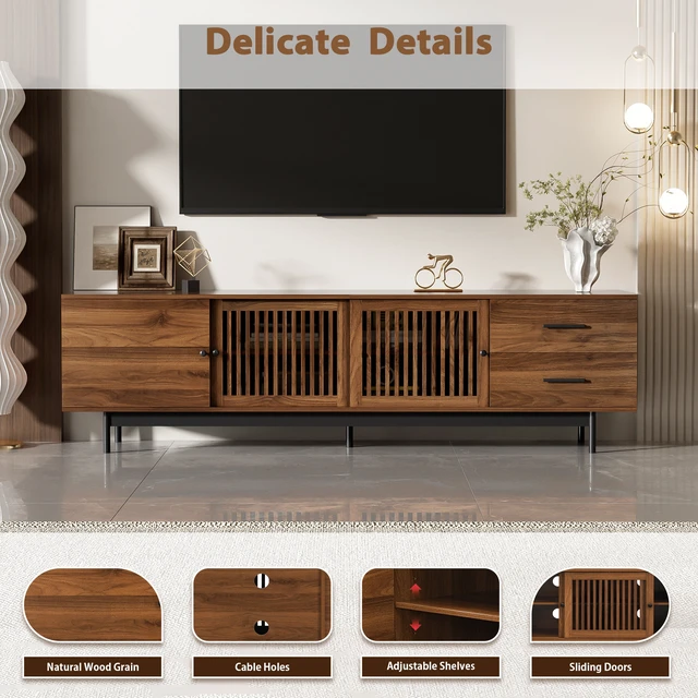 Alt view image 5 of 7 - 78 Inch TV Stand for Tvs, TV Console for Living Media Console with Two Drawers Soft Closing Hinges and Adjustable