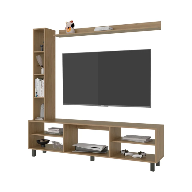 Alt view image 2 of 6 - 9 Shelf TV Stand, Oak, Particle Board, TV Entertainment Furniture