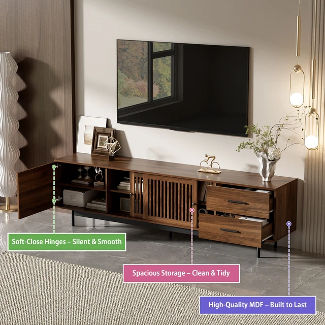 Alt view image 6 of 7 - 78 Inch TV Stand for Tvs, TV Console for Living Media Console with Two Drawers Soft Closing Hinges and Adjustable