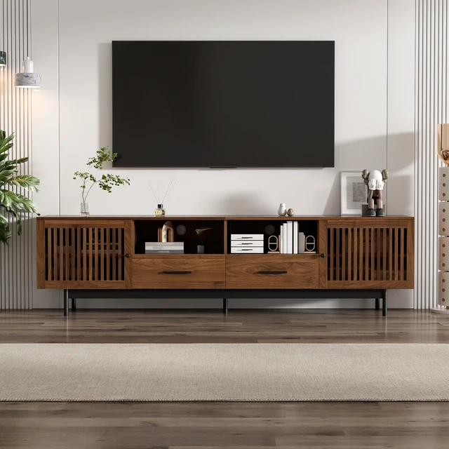 Alt view image 3 of 7 - 78 Inch TV Stand for Tvs 85 Inch, Media Console with 2 Drawers Soft Closing Hinges and Slatted Doors for Living