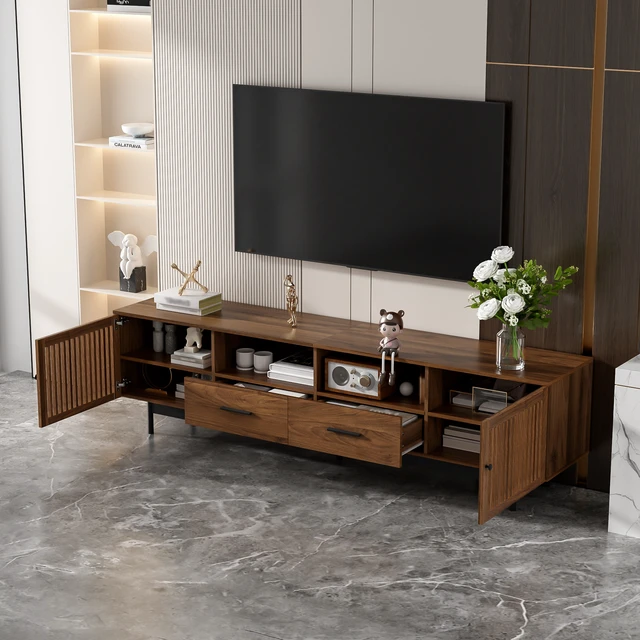 Alt view image 2 of 7 - 78 Inch TV Stand for Tvs 85 Inch, Media Console with 2 Drawers Soft Closing Hinges and Slatted Doors for Living