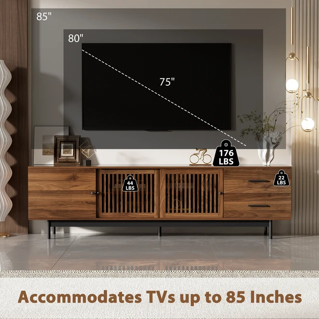 Alt view image 7 of 7 - 78 Inch TV Stand for Tvs, TV Console for Living Media Console with Two Drawers Soft Closing Hinges and Adjustable