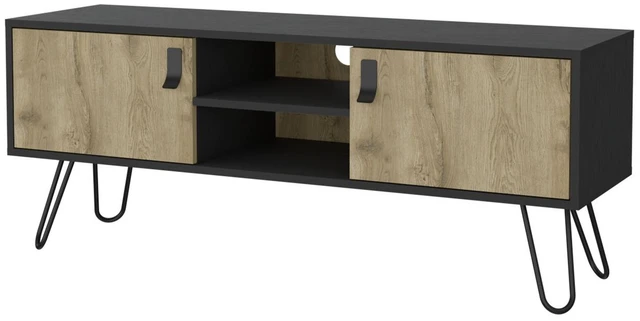 Alt view image 2 of 7 - Hairpin Legs TV Rack, Media Unit with 2 Doors and Open Shelves, Multicolor, Engineered Wood, TV Entertainment Furniture