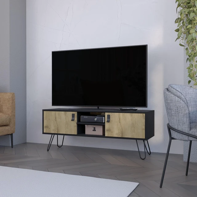 Main image of Hairpin Legs TV Rack, Media Unit with 2 Doors and Open Shelves, Multicolor, Engineered Wood, TV Entertainment Furniture