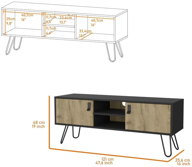 Alt view image 3 of 7 - Hairpin Legs TV Rack, Media Unit with 2 Doors and Open Shelves, Multicolor, Engineered Wood, TV Entertainment Furniture