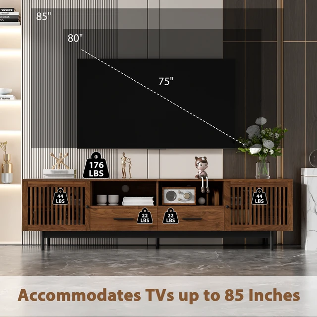 Alt view image 7 of 7 - 78 Inch TV Stand for Tvs 85 Inch, Media Console with 2 Drawers Soft Closing Hinges and Slatted Doors for Living