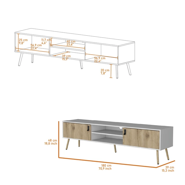 Alt view image 3 of 7 - TV Rack, Spacious Storage with Hinged Drawers and Open Shelves, Multicolor, Engineered Wood, TV Entertainment Furniture