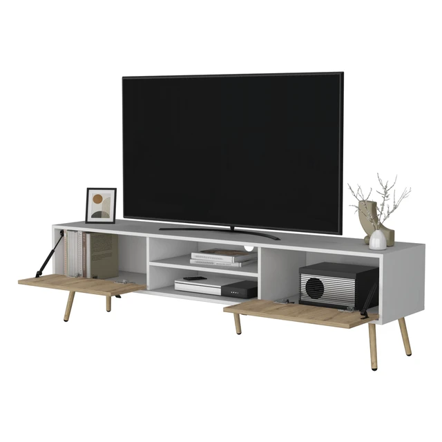 Alt view image 7 of 7 - TV Rack, Spacious Storage with Hinged Drawers and Open Shelves, Multicolor, Engineered Wood, TV Entertainment Furniture