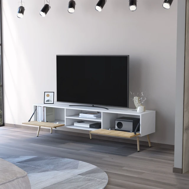 Alt view image 5 of 7 - TV Rack, Spacious Storage with Hinged Drawers and Open Shelves, Multicolor, Engineered Wood, TV Entertainment Furniture