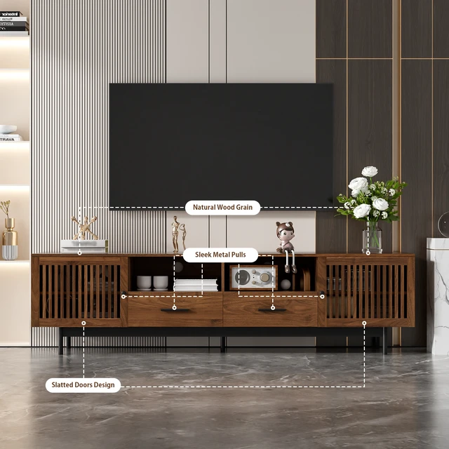 Alt view image 5 of 7 - 78 Inch TV Stand for Tvs 85 Inch, Media Console with 2 Drawers Soft Closing Hinges and Slatted Doors for Living