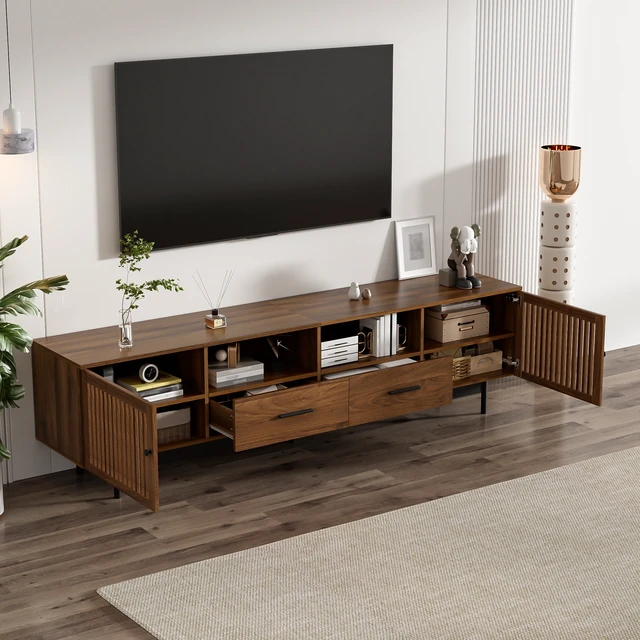Alt view image 4 of 7 - 78 Inch TV Stand for Tvs 85 Inch, Media Console with 2 Drawers Soft Closing Hinges and Slatted Doors for Living
