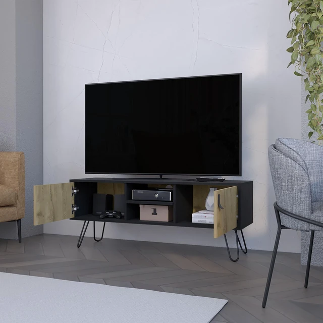 Alt view image 5 of 7 - Hairpin Legs TV Rack, Media Unit with 2 Doors and Open Shelves, Multicolor, Engineered Wood, TV Entertainment Furniture
