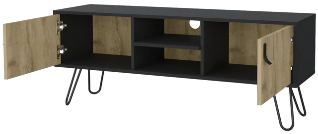 Alt view image 4 of 7 - Hairpin Legs TV Rack, Media Unit with 2 Doors and Open Shelves, Multicolor, Engineered Wood, TV Entertainment Furniture
