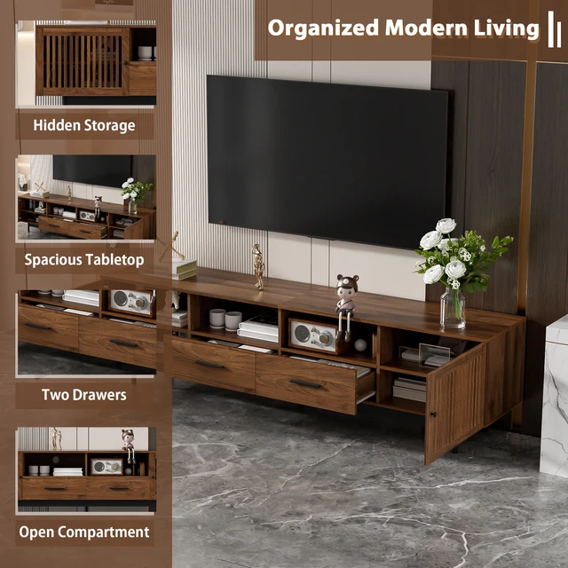 Alt view image 6 of 7 - 78 Inch TV Stand for Tvs 85 Inch, Media Console with 2 Drawers Soft Closing Hinges and Slatted Doors for Living