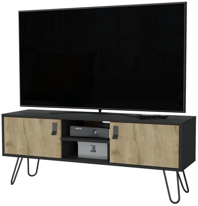 Alt view image 6 of 7 - Hairpin Legs TV Rack, Media Unit with 2 Doors and Open Shelves, Multicolor, Engineered Wood, TV Entertainment Furniture