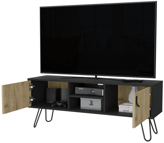 Alt view image 7 of 7 - Hairpin Legs TV Rack, Media Unit with 2 Doors and Open Shelves, Multicolor, Engineered Wood, TV Entertainment Furniture