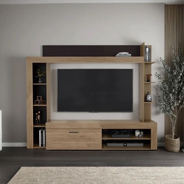 Alt view image 5 of 7 - Entertainment Center, TV Stand Inchwith Shelves and Cabinets Living Wall Unit, Beige, Particle Board, TV Entertainment