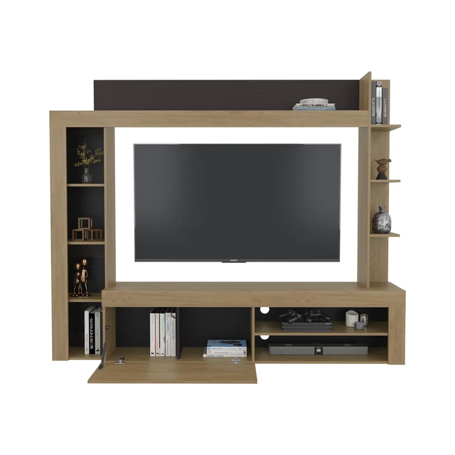 Alt view image 3 of 7 - Entertainment Center, TV Stand Inchwith Shelves and Cabinets Living Wall Unit, Beige, Particle Board, TV Entertainment