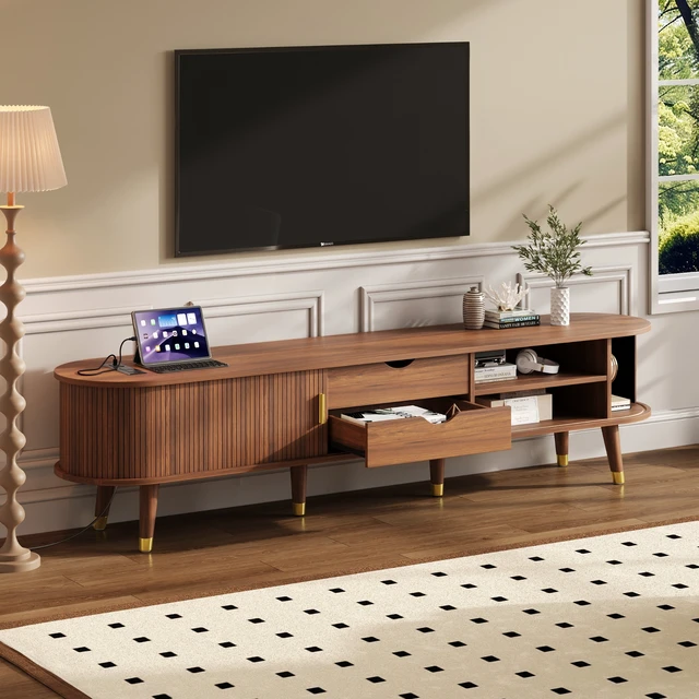 Alt view image 2 of 7 - Wooden Oval Fluted TV Stand with Charging Station for TV, Mid-Century Media Console with Sliding Tambour Door Cabinet