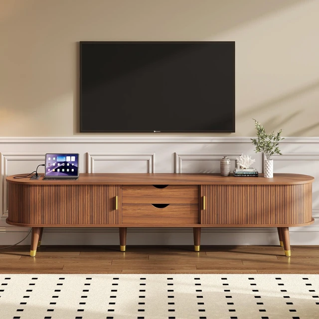 Main image of Wooden Oval Fluted TV Stand with Charging Station for TV, Mid-Century Media Console with Sliding Tambour Door Cabinet