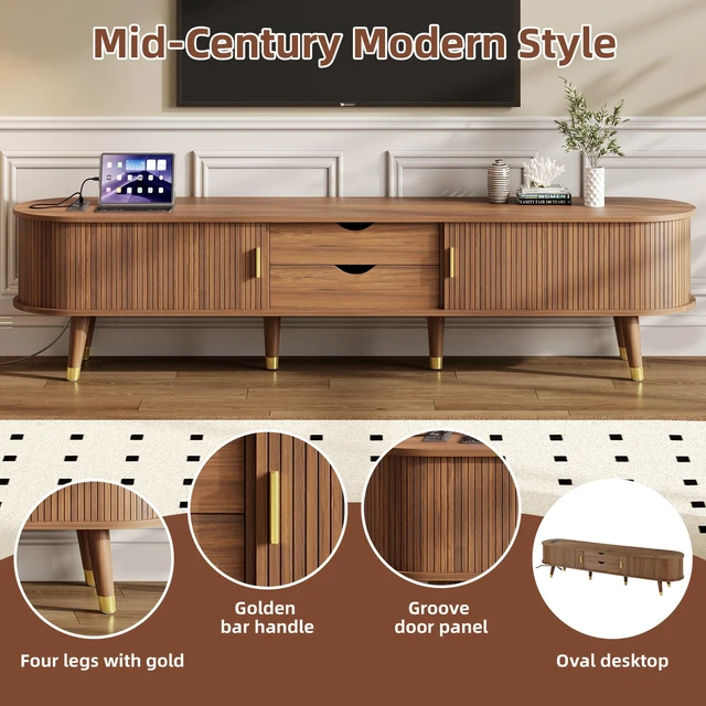 Alt view image 4 of 7 - Wooden Oval Fluted TV Stand with Charging Station for TV, Mid-Century Media Console with Sliding Tambour Door Cabinet