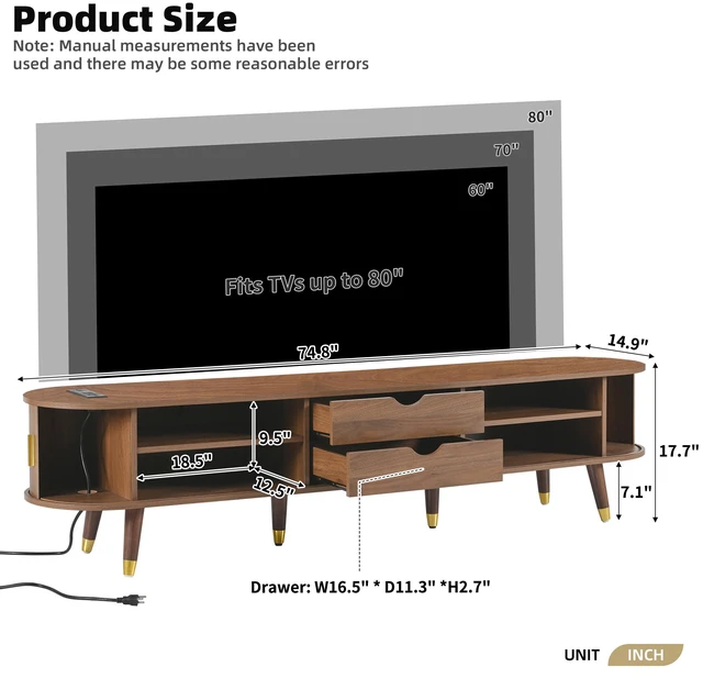 Alt view image 7 of 7 - Wooden Oval Fluted TV Stand with Charging Station for TV, Mid-Century Media Console with Sliding Tambour Door Cabinet