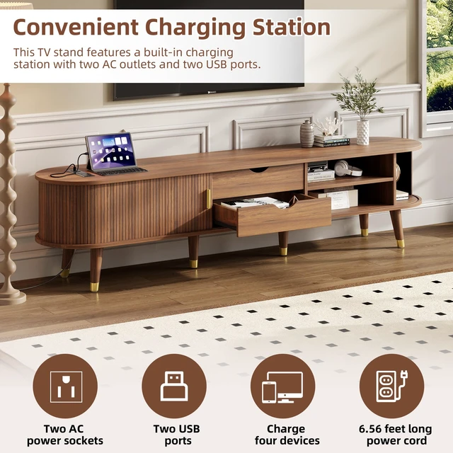 Alt view image 5 of 7 - Wooden Oval Fluted TV Stand with Charging Station for TV, Mid-Century Media Console with Sliding Tambour Door Cabinet