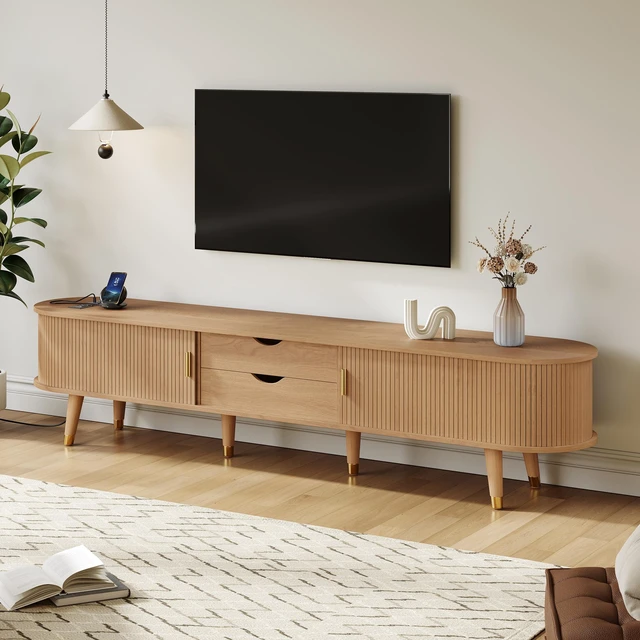 Main image of Wooden Oval Fluted TV Stand with Charging Station for TV, Mid-Century Media Console with Sliding Tambour Door Cabinet