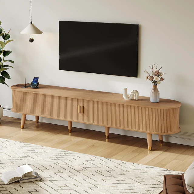 Alt view image 3 of 7 - Wooden Oval Fluted TV Stand with Charging Station for TV, Mid-Century Media Console with Sliding Tambour Door Cabinet
