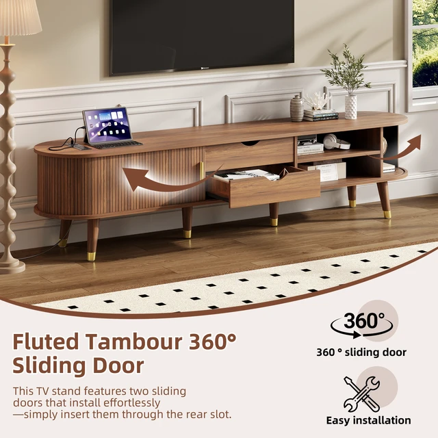 Alt view image 3 of 7 - Wooden Oval Fluted TV Stand with Charging Station for TV, Mid-Century Media Console with Sliding Tambour Door Cabinet
