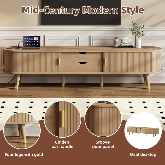 Alt view image 5 of 7 - Wooden Oval Fluted TV Stand with Charging Station for TV, Mid-Century Media Console with Sliding Tambour Door Cabinet