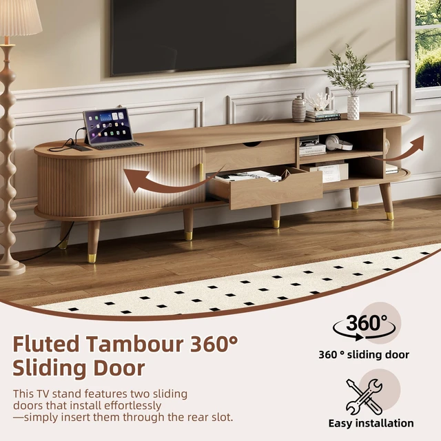 Alt view image 6 of 7 - Wooden Oval Fluted TV Stand with Charging Station for TV, Mid-Century Media Console with Sliding Tambour Door Cabinet