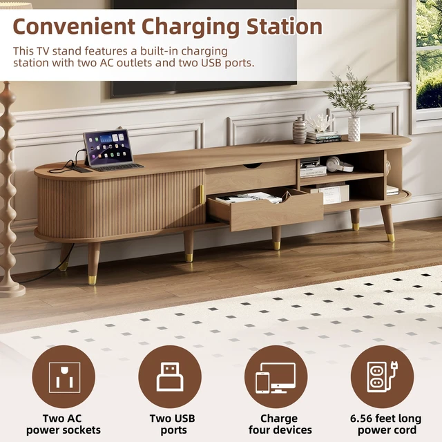 Alt view image 7 of 7 - Wooden Oval Fluted TV Stand with Charging Station for TV, Mid-Century Media Console with Sliding Tambour Door Cabinet