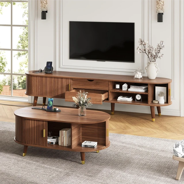 Main image of TV Stand and Coffee Table Set with Charging Station, Oval Fluted Media Console with Sliding Doors for Tvs Mid-Century