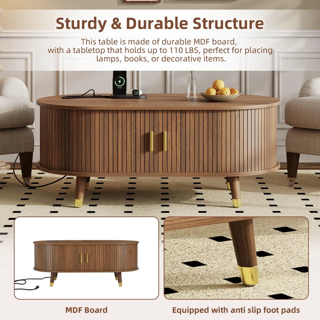Alt view image 3 of 7 - TV Stand and Coffee Table Set with Charging Station, Oval Fluted Media Console with Sliding Doors for Tvs Mid-Century