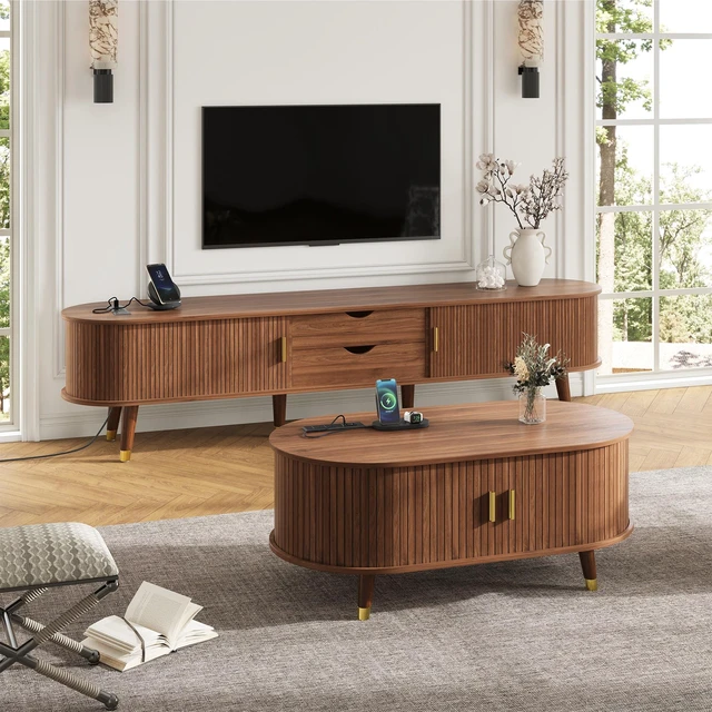 Alt view image 2 of 7 - TV Stand and Coffee Table Set with Charging Station, Oval Fluted Media Console with Sliding Doors for Tvs Mid-Century