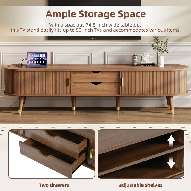 Alt view image 6 of 7 - Wooden Oval Fluted TV Stand with Charging Station for TV, Mid-Century Media Console with Sliding Tambour Door Cabinet