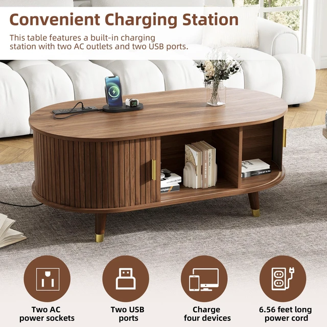 Alt view image 7 of 7 - TV Stand and Coffee Table Set with Charging Station, Oval Fluted Media Console with Sliding Doors for Tvs Mid-Century
