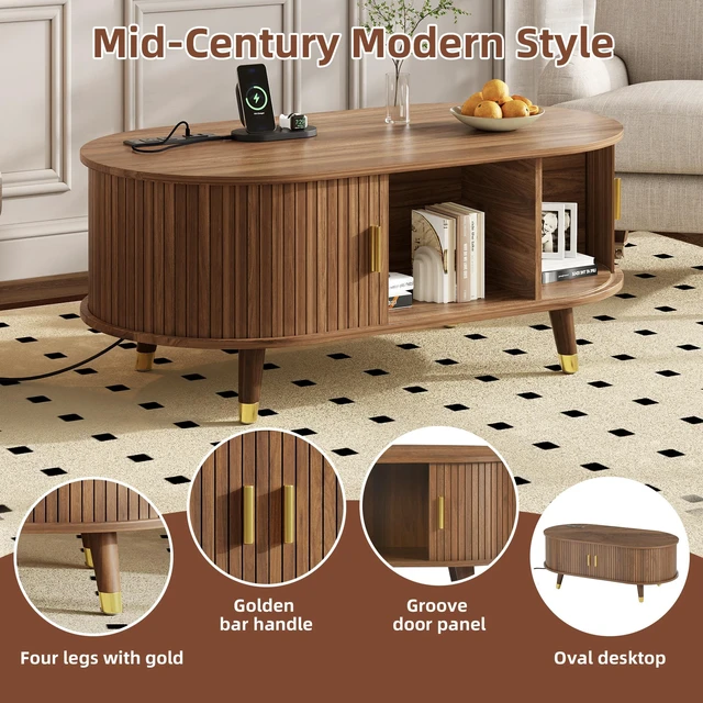 Alt view image 6 of 7 - TV Stand and Coffee Table Set with Charging Station, Oval Fluted Media Console with Sliding Doors for Tvs Mid-Century
