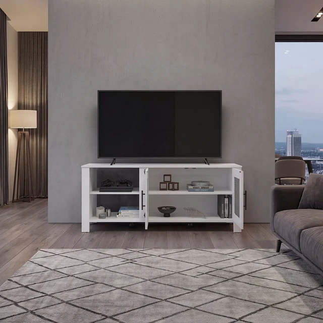 Alt view image 2 of 7 - Hudson TV 65 Inch Stand with Storage Cabinets, Media Console Entertainment Center with Open Shelves for Living, White