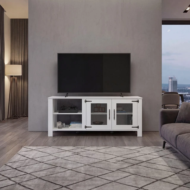 Main image of Hudson TV 65 Inch Stand with Storage Cabinets, Media Console Entertainment Center with Open Shelves for Living, White