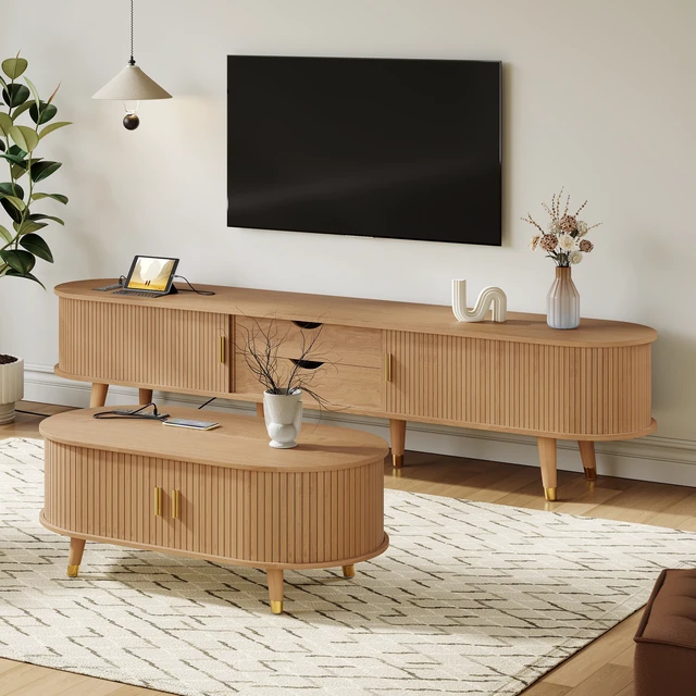 Alt view image 2 of 7 - TV Stand and Coffee Table Set with Charging Station, Oval Fluted Media Console with Sliding Doors for Tvs Mid-Century