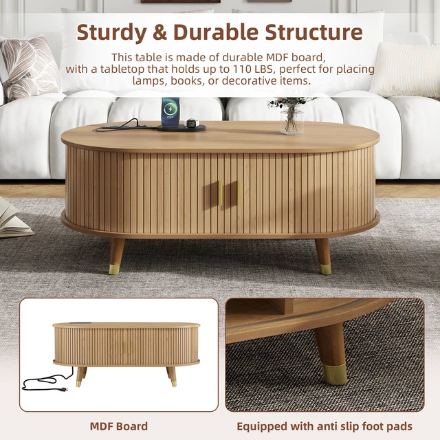 Alt view image 5 of 7 - TV Stand and Coffee Table Set with Charging Station, Oval Fluted Media Console with Sliding Doors for Tvs Mid-Century