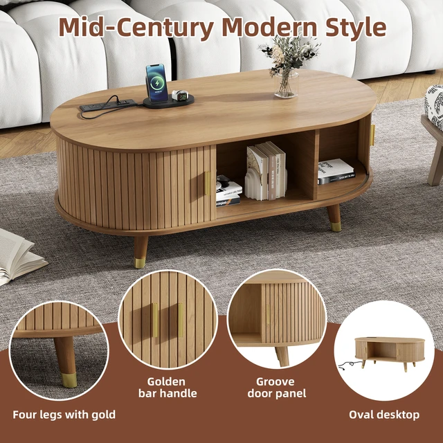 Alt view image 4 of 7 - TV Stand and Coffee Table Set with Charging Station, Oval Fluted Media Console with Sliding Doors for Tvs Mid-Century