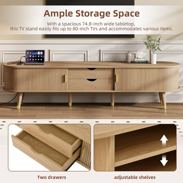 Alt view image 4 of 7 - Wooden Oval Fluted TV Stand with Charging Station for TV, Mid-Century Media Console with Sliding Tambour Door Cabinet