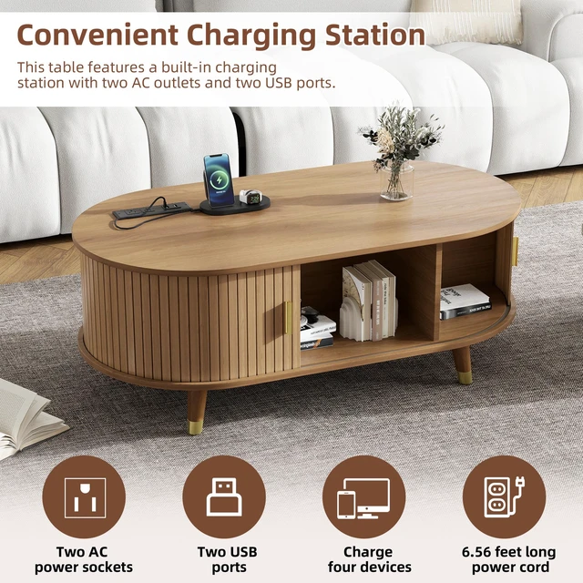 Alt view image 6 of 7 - TV Stand and Coffee Table Set with Charging Station, Oval Fluted Media Console with Sliding Doors for Tvs Mid-Century