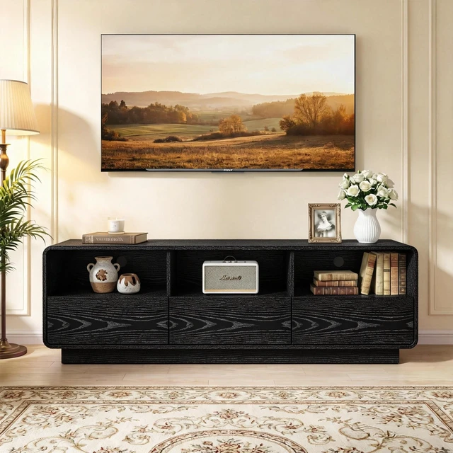 Main image of Floating Bohemian TV Stand with Storage Drawers, 59 Inch Entertainment Center with LED Lights for Living, Black