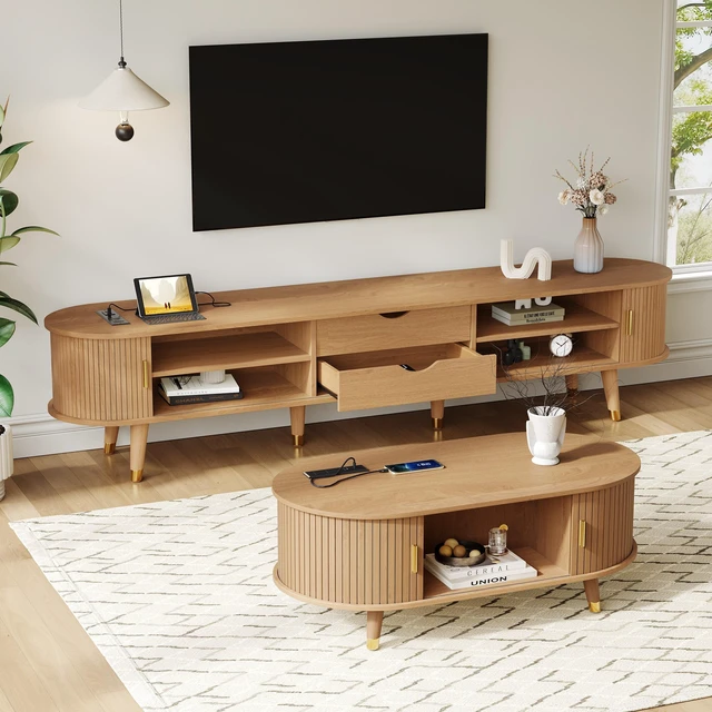 Main image of TV Stand and Coffee Table Set with Charging Station, Oval Fluted Media Console with Sliding Doors for Tvs Mid-Century