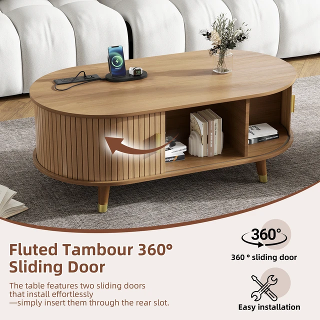 Alt view image 3 of 7 - TV Stand and Coffee Table Set with Charging Station, Oval Fluted Media Console with Sliding Doors for Tvs Mid-Century