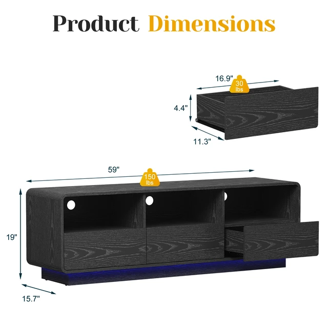 Alt view image 2 of 7 - Floating Bohemian TV Stand with Storage Drawers, 59 Inch Entertainment Center with LED Lights for Living, Black